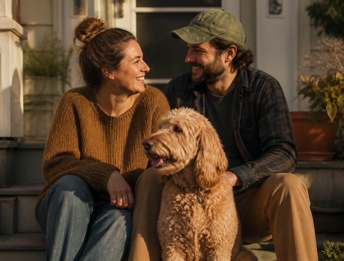 Homeowners sitting on their front porch steps with their dog in the late afternoon